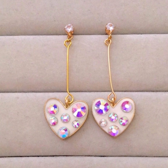 Jewelry - Cubic Zirconia + Aurora Borealis Crystal Gold Heart💗Drop Statement Earrings